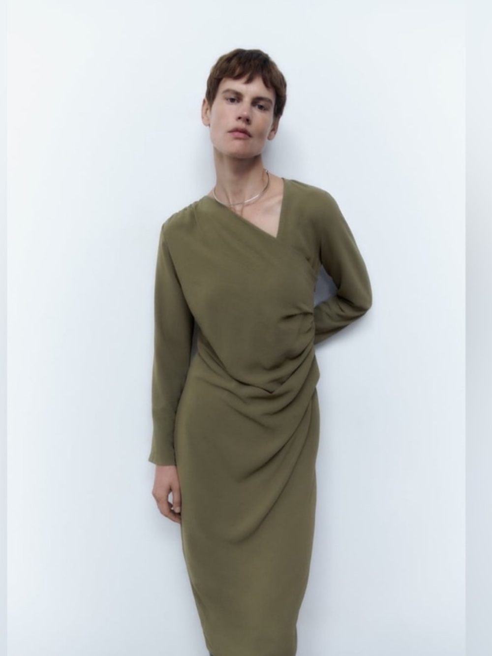 NWT Zara Olive Green Draped Midi Dress Size M Ruched Side Long Sleeve